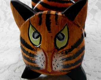 Vintage Orange Cat Mail Organizer Wood Handpainted Sculpture 3-7/8" x 11" Tall Collectible Cat Lover Gift Desk Office Home Decor 1980's