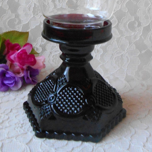 Vintage Avon Candle Holder 1876 Cape Cod Collection Ruby Red Pedestal Base with Clear Glass Shade Hurricane Lamp Retro Home Decor 1975