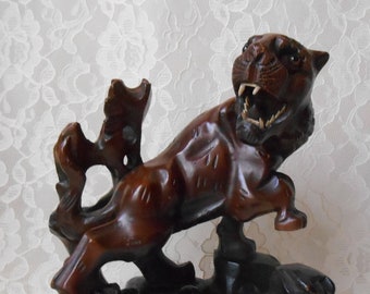 Vintage Mountain Lion Carved Wood Sculpture W/Teeth & Glass Eyes 7-3/4" Tall Carving Collectible Cat Handcrafted Gift Asian Japan Home Decor