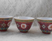 Vintage Famille Rose Deep Pink Tea Cups 2-1 4 x 4-1 2 quot , Symbols of Longevity, Luck Happiness, Mun Shou, Jingdezhen Made in China, Set of 3