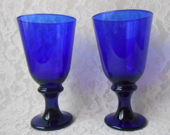 Vintage Wine Glasses Cobalt Deep Blue Libbey Glass Goblets Barware Drinking Juice Glassware Set of 2 Entertaining 1970's