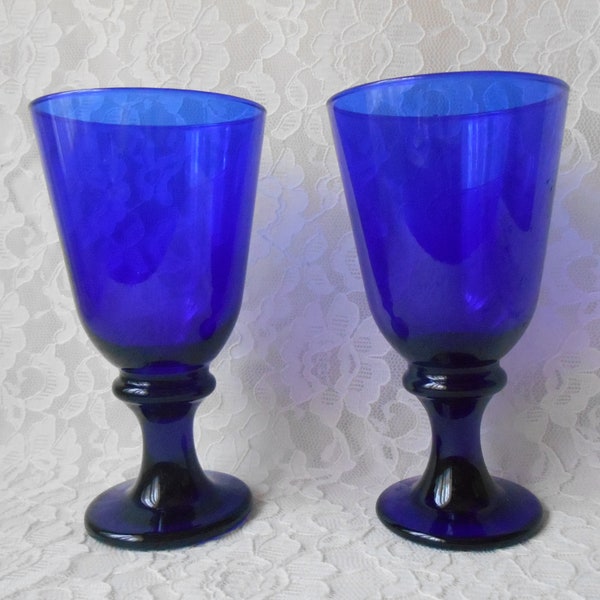 Vintage Wine Glasses Cobalt Deep Blue Libbey Glass Goblets Barware Drinking Juice Glassware Set of 2 Entertaining 1970's