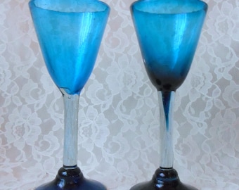 Vintage Goblets Blue Turquoise Glass Hand Blown Mexican Barware Drinking Juice Wine Glasses Glassware Set of 2 Entertaining