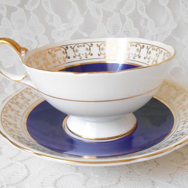 Vintage Aynsley Teacup & Saucer Set Cobalt Blue on White with Gold Scrolls and Trim, Footed Made In England Fine Bone China Collectible Gift