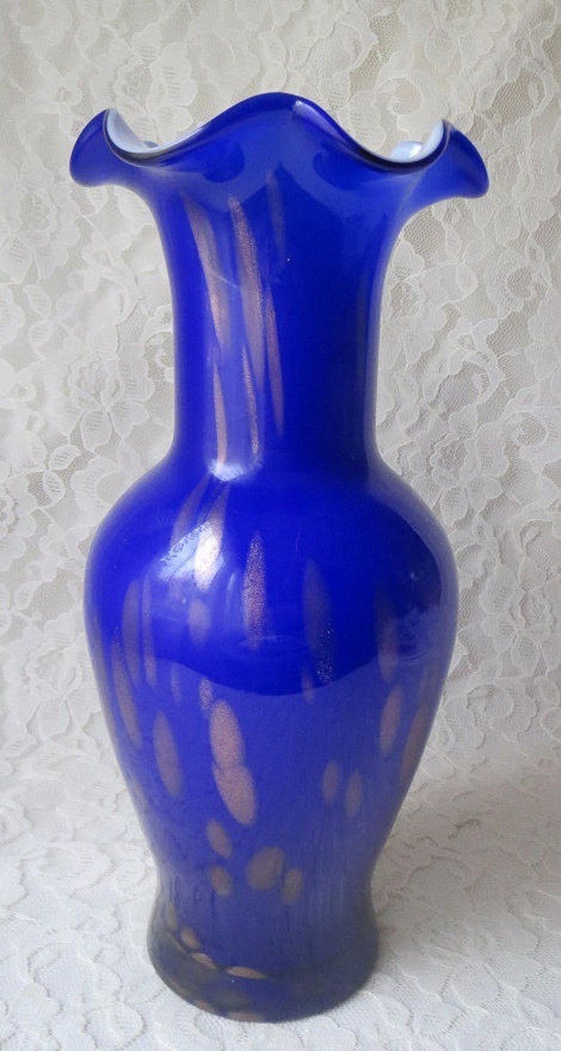 Vintage Cobalt Blue Hand Blown Art Glass Fluted Vase with