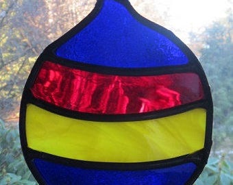 Vintage Stained Glass Christmas Ornaments, Handmade Round, Colorful Cobalt Blue, Red & Yellow Stripes, Holiday Christmas Window Display