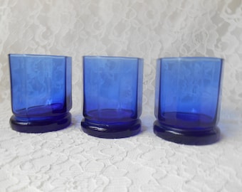 Vintage Anchor Hocking Essex Cobalt Blue 10 Paneled Sides Juice Glasses Short Tumblers, Lowball Weighted Bottom, Set of 3 Retro Glassware