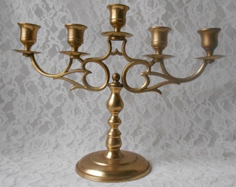 Vintage 5 Arm Candelabra Brass Candle Holder Entertaining Dining Altar 9-3/4" High