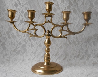 Vintage 5 Arm Candelabra Brass Candle Holder Entertaining Dining Altar 9-3/4" High