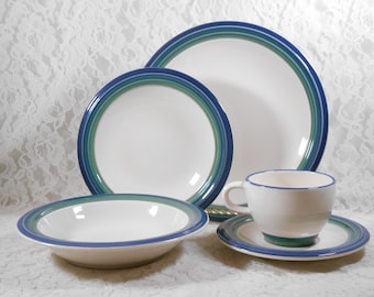 Vintage Pfaltzgraff Ocean Breeze Set of 5 Pieces, Dinner Plate, Teacup Set, Sandwich Plate, Soup Bowl, Green Blue & Cream Stoneware 1980's