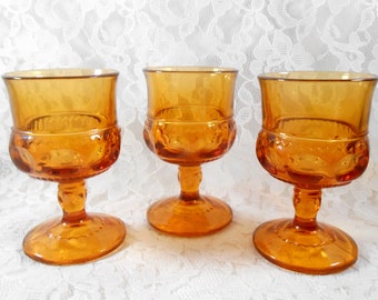 Vintage Indiana Glass Wine Goblets in King's Crown Pattern 4 Ounce, Amber Glass, Set of 3, Glassware Stemware Retro Barware