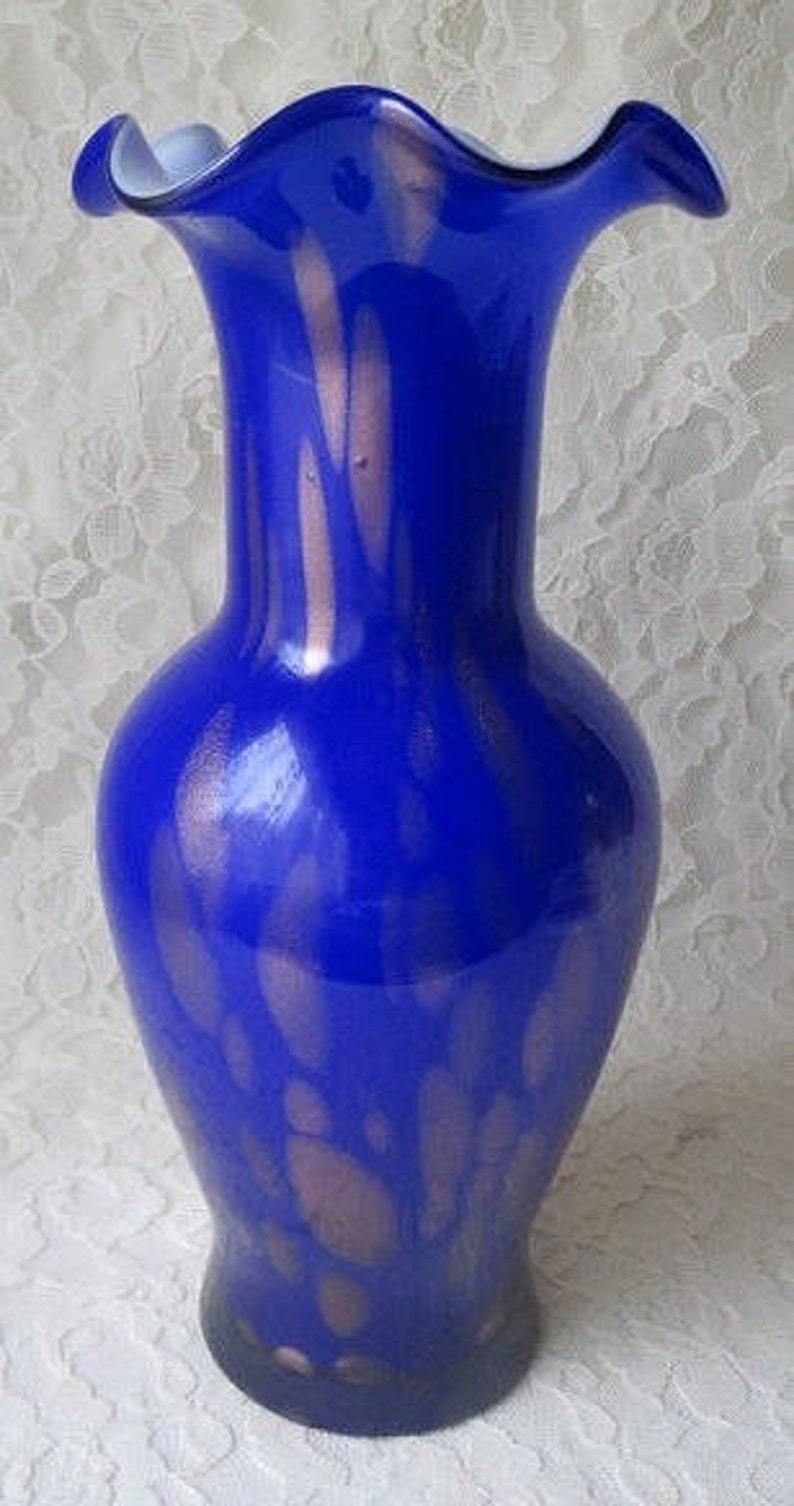 Vintage Cobalt Blue Hand Blown Art Glass Fluted Vase with Gold | Etsy