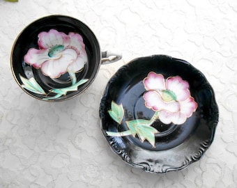 Vintage Teacup and Saucer Set Pink Roses on Black Background with Gold Accents Made in Japan Fine Bone China Dining Entertaining Home Decor
