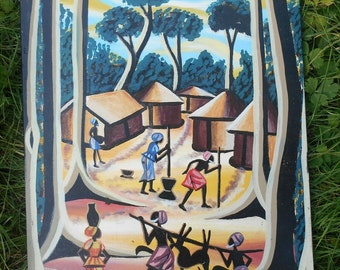 Vintage Original Haitian Oil Painting Village Scene Men & Women Colorful Trees Birds 24" Folk Art Haiti Island Eclectic Home Decor