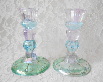 Vintage Partylite Candleholders Mardi Gras Set of 2 Iridescent Glass Blue Green, Rhinestone Jewels Candle Holders, Home Decor Gift, Dining