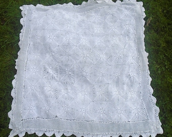 Vintage White Lace Crocheted Tablecloth or Window Treatment Handmade Intricate Pineapple Pattern 46 x 50"