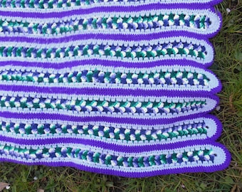 Vintage Afghan Blanket 44" x 68" Purple Green White Crochet Acrylic Yarn Machine Washable Handmade Home Decor Cozy Mother's Day Gift