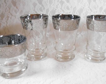 Vintage Queen's Vitreon Lusterware Large Highball Glassware Glasses Set of 3 Plus 1 Lowball Glass, Silver Glitter Barware Mercury Glass, MCM