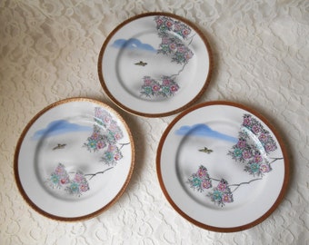 Vintage Plates Kutani Cherry Blossoms Birds & Clouds Gold Rims Sandwich Dessert 7-1/2" Made in Japan Set of 3