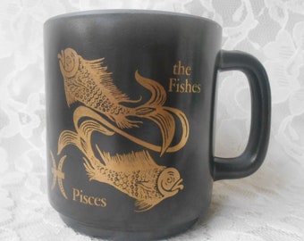 Vintage Mug Pisces the Fishes Federal Glass Zodiac Cup, February 19 - March 20, Astrology Collectible Birthday Gift 1970's