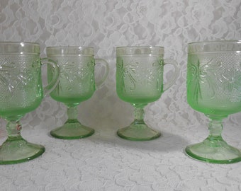 Vintage Mug Indiana Sandwich Glass Chantilly Green Cup Footed w/Handle, Tiara Flowers & Scrolls, Wine Water Juice 8 Oz Set of 4 Retro Dining