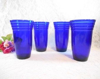 Vintage Cups Tumblers Bormioli Rocco Ribbed Glass Cobalt Blue Forum Saphir Transparent Set of 4, Made in Italy, Dining