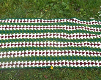 Vintage Afghan Blanket Triangles in Greens, Rust Brown & Cream Crochet Woodland Shawl or Lap Interlocking Colors Retro Home Decor 36" x 72"