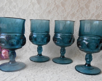 Vintage Indiana Glass Wine Goblets in King's Crown Pattern 8 Ounce, Imperial Blue Set of 4 Teal Smoke Glassware Stemware Retro Barware