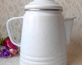 Vintage Percolator Coffee Pot in White with Lid Blue Speckles Enamel Graniteware Spatterware Rustic Cooking Tea Kitchen Home Decor