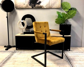 HARRY in Soft Fabric Stylish Vintage Mustard Yellow Dark Green Armchair Dining Chair Office Chair Living Room Custom Armchair