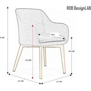 May include: A gray upholstered chair with a wooden frame. The chair has a seat depth of 50 cm, a height of 78 cm, and a width of 63 cm. The chair is 46 cm high from the floor to the seat.