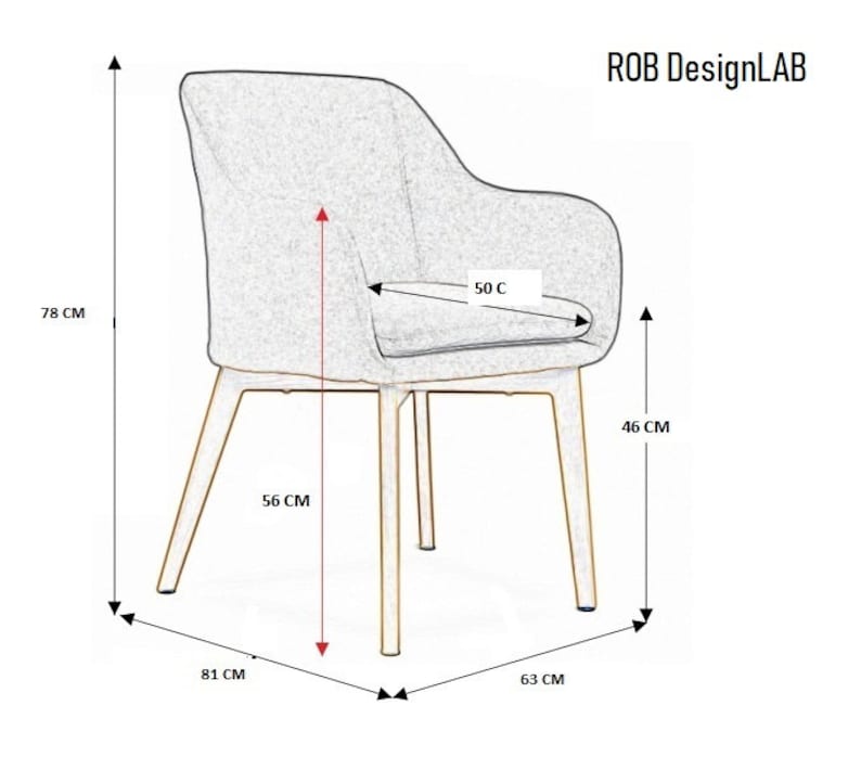May include: A gray upholstered chair with a wooden frame. The chair has a seat depth of 50 cm, a height of 78 cm, and a width of 63 cm. The chair is 46 cm high from the floor to the seat.