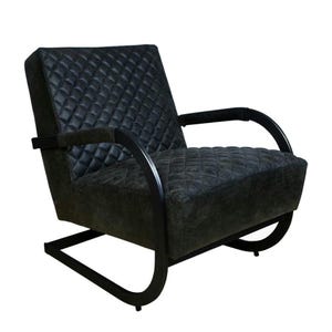 Puede incluir: Un sill&oacute;n acolchado negro con un marco de metal y patas curvadas. El sill&oacute;n tiene un patr&oacute;n de diamante en la tapicer&iacute;a.