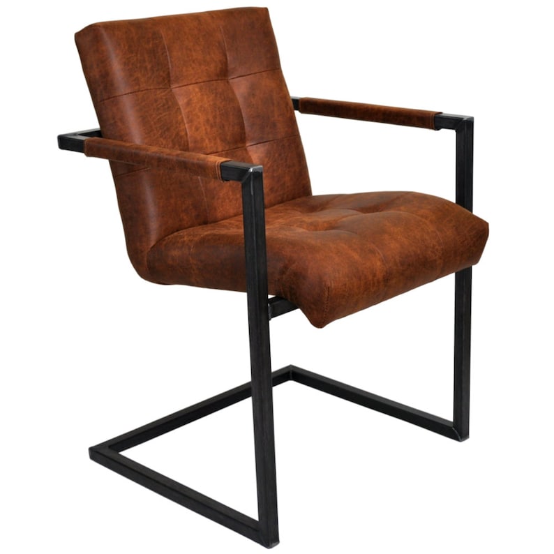 May include: A brown leather dining chair with a black metal frame. The chair has a tufted back and seat.