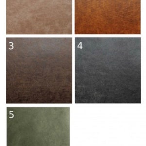 May include: Five fabric swatches in different colors and textures. The swatches are numbered 1 through 5. The colors are beige, brown, dark brown, gray, and green.