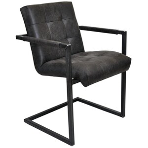May include: A black upholstered dining chair with a tufted back and a metal frame. The chair has a square base and arms.