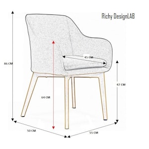 May include: A white upholstered chair with a gold metal frame. The chair is 86 cm tall, 64 cm wide, and 55 cm deep. The seat is 47 cm high and 45 cm wide.