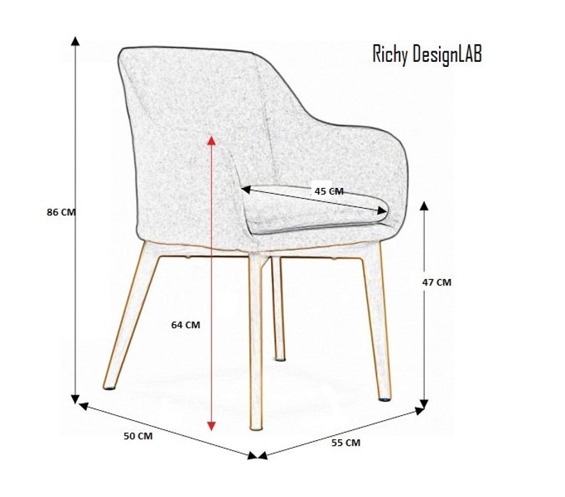 May include: A white upholstered chair with a gold metal frame. The chair is 86 cm tall, 64 cm wide, and 55 cm deep. The seat is 47 cm high and 45 cm wide.