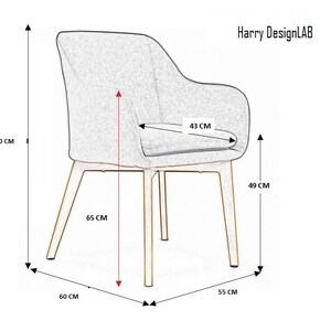 May include: A grey upholstered chair with a wooden frame. The chair has a 43 cm wide seat, a 65 cm height, and a 60 cm width.