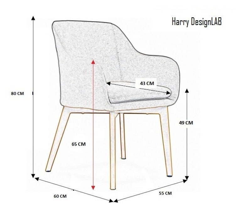 May include: A grey upholstered chair with a wooden frame. The chair has a 43 cm wide seat, a 65 cm height, and a 60 cm width.