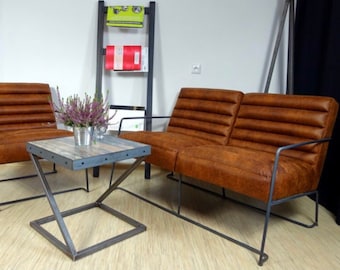 ROB II Retro Loft Vintage Leather 2 or 3 seater sofa Tan Hairpin legs Handmade Solid Strong Metal Frame Custom Three Seater Leather Sofa