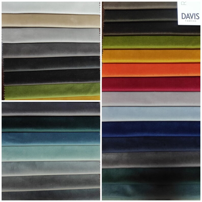 Puede incluir: Una carta de muestras que presenta una variedad de colores de tela, incluyendo beige, gris, negro, verde, amarillo, naranja, rojo, azul y verde azulado. La tarjeta est&aacute; etiquetada como "Davis Fabrics".