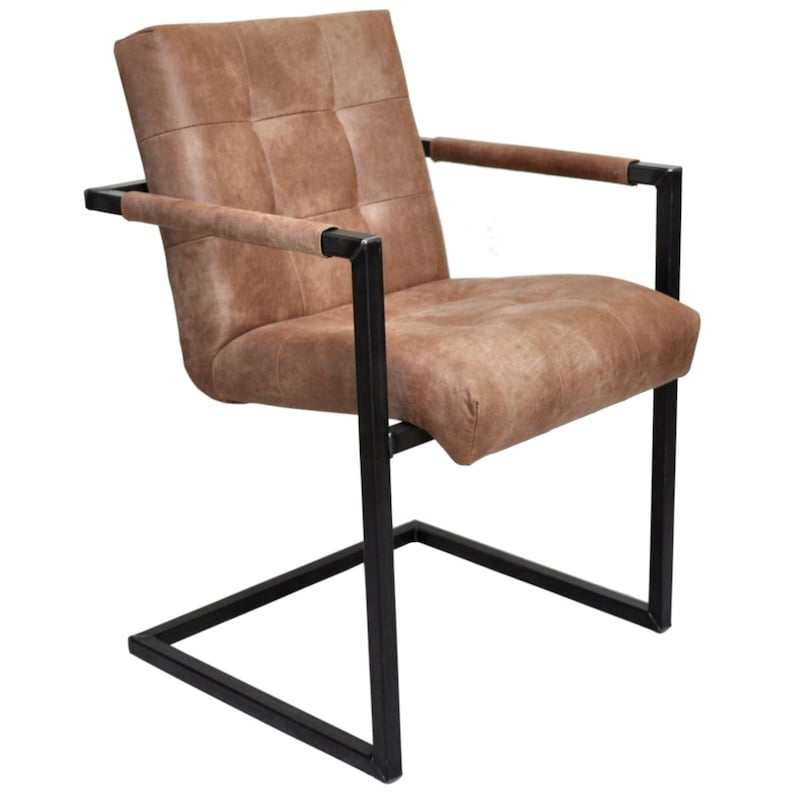 May include: A brown leather dining chair with a black metal frame. The chair has a tufted back and a square seat.