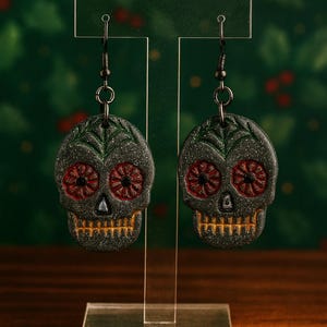 Day of the Dead Earrings Handmade Polymer Clay Sugar Skull Jewelry Halloween Holiday Dangle Earrings with Red and Green Detail Gift for her
