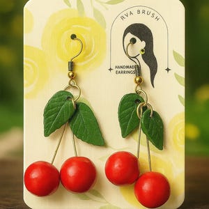 Cherry Earrings Handmade Polymer Clay Retro Fruit Jewelry Kitsch Cute Red Dangle Earrings Playful Summer Gift for her Statement