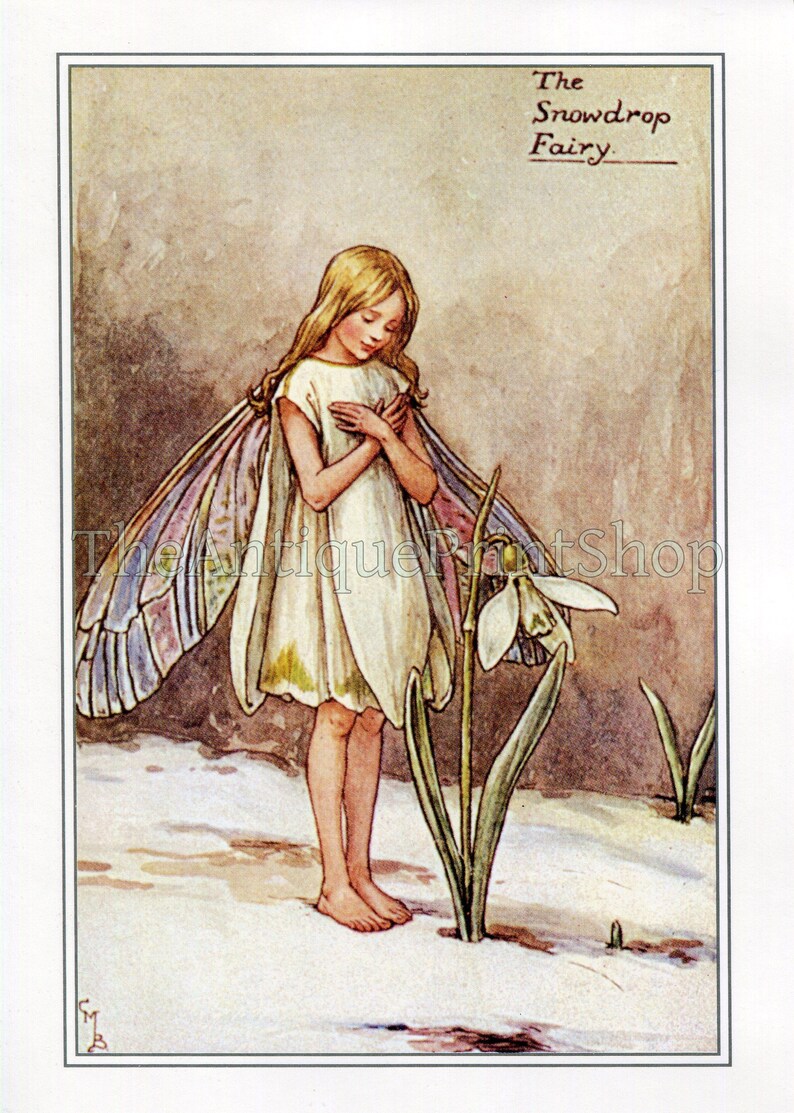 Home Decor White Green. Snowdrop Flower Fairy Print by Cicely M Barker Wall Art Nursery Decor Vintage 1990/'s Fairy Print