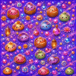 May include: A pattern featuring cute, anthropomorphic steamed buns in bamboo steamers, interspersed with glowing lanterns, sparkling gemstones, and colorful stars against a vibrant purple background with the text CrimsonMysteryCo.