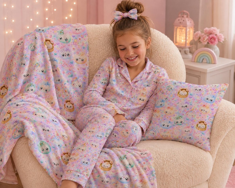 K&ouml;nnte beinhalten: Ein lang&auml;rmeliges Schlafanzug-Set mit Knopfleiste, ein passendes quadratisches Zierkissen und eine weiche Decke, alle mit einem wiederkehrenden Muster aus pastellfarbenen Kawaii-Kn&ouml;deln mit l&auml;chelnden Gesichtern auf hellviolettem Grund.
