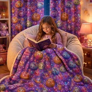 K&ouml;nnte beinhalten: Eine flauschige, violette Wohndecke mit einem wiederkehrenden Muster aus niedlichen, l&auml;chelnden Teigtaschen in Bambusd&auml;mpfern, durchsetzt mit leuchtenden Sternen und bunten Kugeln. Die Decke hat einen weichen, strukturierten wei&szlig;en Fleecerand.