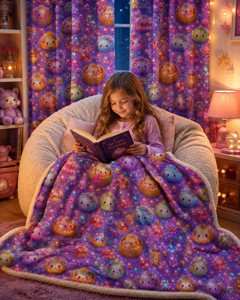 K&ouml;nnte beinhalten: Eine flauschige, violette Wohndecke mit einem wiederkehrenden Muster aus niedlichen, l&auml;chelnden Teigtaschen in Bambusd&auml;mpfern, durchsetzt mit leuchtenden Sternen und bunten Kugeln. Die Decke hat einen weichen, strukturierten wei&szlig;en Fleecerand.